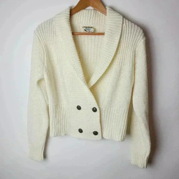 Vintage 70s Cream White 'Satisfaction Always' Knit Cardigan Sweater - L - Picture 1 of 3